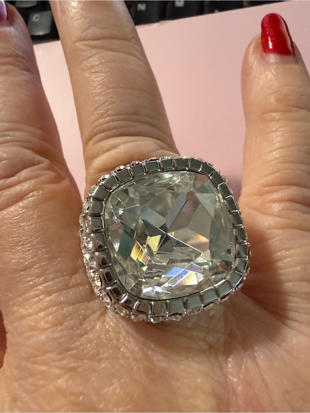 Park Lane Silver-Tone Cocktail Ring with Clear Cushion Crystal Size 7